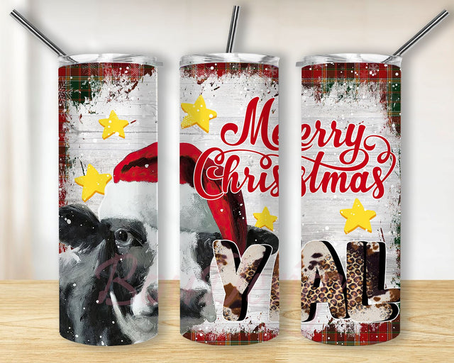 Merry Christmas Y'all Cow Tumbler Png, 20oz Skinny Tumbler Sublimation Designs, Cow Png, Christmas Tumbler Png, Tumbler Sublimation Designs Sublimation BouDesign 