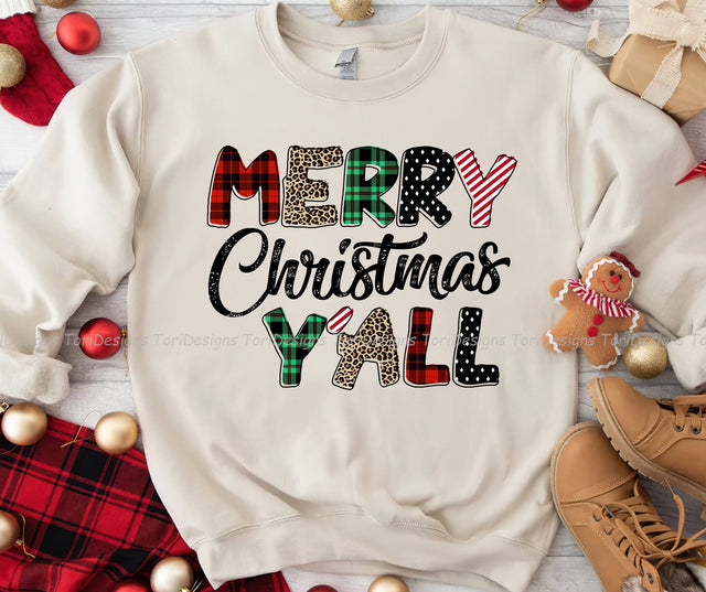 Merry Christmas Y'all Leopard Buffalo Plaid PNG Sublimation Design Sublimation ToriDesigns 