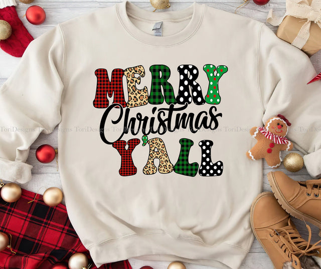 Merry Christmas Y'all Leopard Buffalo Plaid PNG Sublimation Design Sublimation ToriDesigns 