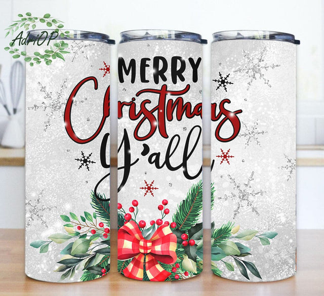 Merry Christmas Y'all Tumbler Png, Christmas 20oz Skinny Tumbler, Snowflakes Tumbler Wrap, Christmas Holly Design Png, Xmas Tumbler Template, Instant Download Sublimation AdriOP 