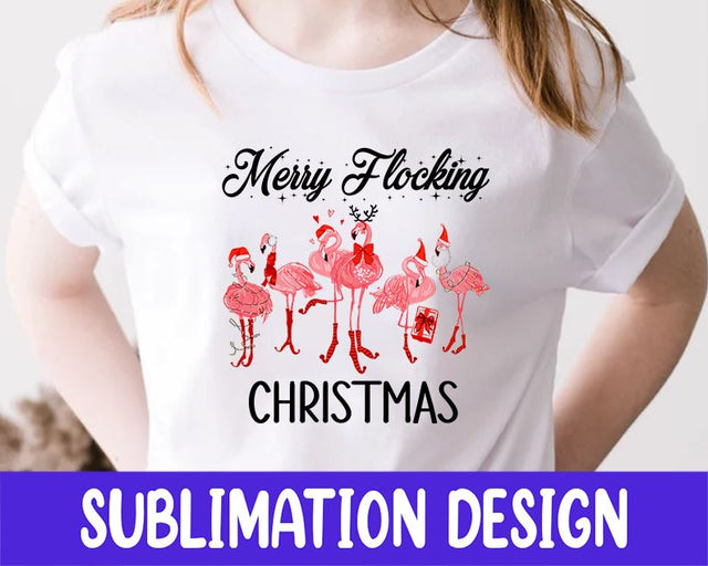 Merry Flocking Christmas Sublimation Design, Flamingo png, Palm Trees PNG Sublimation iStyleDesign 