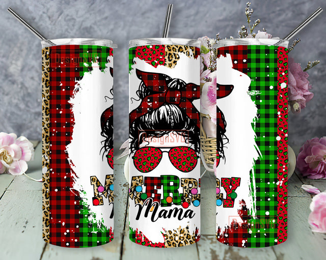 Merry Mama Christmas 20oz Tumbler Template, Christmas Messy Bun Design Tumbler Png, Buffalo Plaid Leopard Full Tumbler Wrap, Merry Christmas Sublimation Design, Digital Download Sublimation DesignSVG 