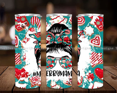Merry Mama Mom Bun Christmas Tumbler Design Seamless Sublimation Designs Downloads, Merry Mama Skinny Tumbler 20oz Design Sublimation ToriDesigns 