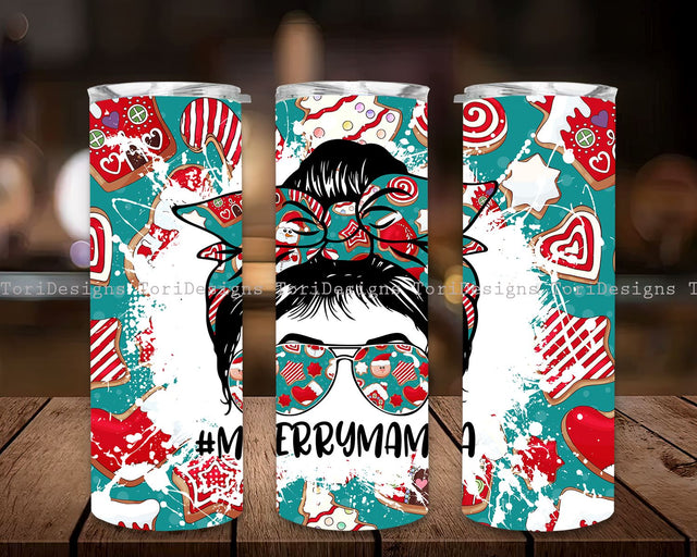 Merry Mama Mom Bun Christmas Tumbler Design Seamless Sublimation Designs Downloads, Merry Mama Skinny Tumbler 20oz Design Sublimation ToriDesigns 