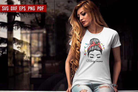 Merry Mama with christmas light | Christmas Messy Bun SVG SVG Irina Ostapenko 