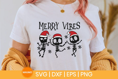 Merry vibes, Christmas skeletons wearing santa hat SVG Maumo Designs 