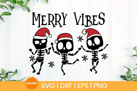 Merry vibes, Christmas skeletons wearing santa hat SVG Maumo Designs 