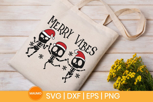 Merry vibes, Christmas skeletons wearing santa hat SVG Maumo Designs 