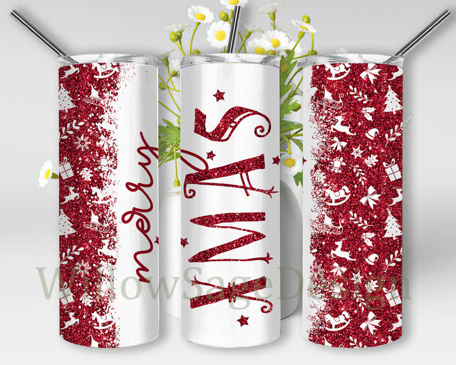 Merry Xmas Tumbler Png, Merry Christmas 20oz Skinny Tumbler, Christmas Glitter Full Tumbler Wrap, Xmas Sublimation Design, Digital Download Sublimation WillowSageDesign 