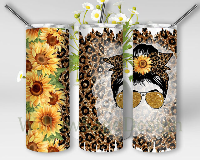 Messy Bun Hair Tumbler Png, Leoprad Sunflower 20 Skinny Tumbler, Leoprad Tumbler Wrap, Sunflower Design Png, Instant Download Sublimation WillowSageDesign 