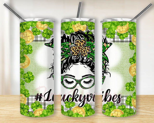 Messy bun, Lucky vibes, St. Patrick's Day 20oz Skinny Tumbler Sublimation Designs for Straight Tapered Tumbler PNG File Digital Download Sublimation BouDesign 