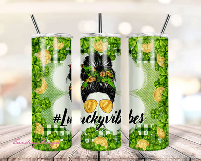 Messy bun, Lucky vibes, St. Patrick's Day 20oz Skinny Tumbler Sublimation Designs for Straight/Tapered Tumbler PNG File Digital Download Sublimation TrendingDesign 