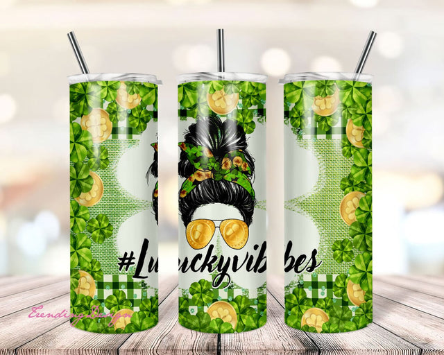 Messy bun, Lucky vibes, St. Patrick's Day 20oz Skinny Tumbler Sublimation Designs for Straight/Tapered Tumbler PNG File Digital Download Sublimation TrendingDesign 