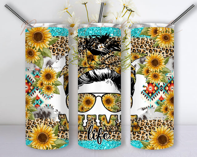 Messy Bun Mama Life Sunflowers 20oz Skinny Tumbler, Sunflower Leopard Png, Mother's Day Png, Mom Life, Mama, Mom Life Messy Bun Tumbler Sublimation PixelChick 