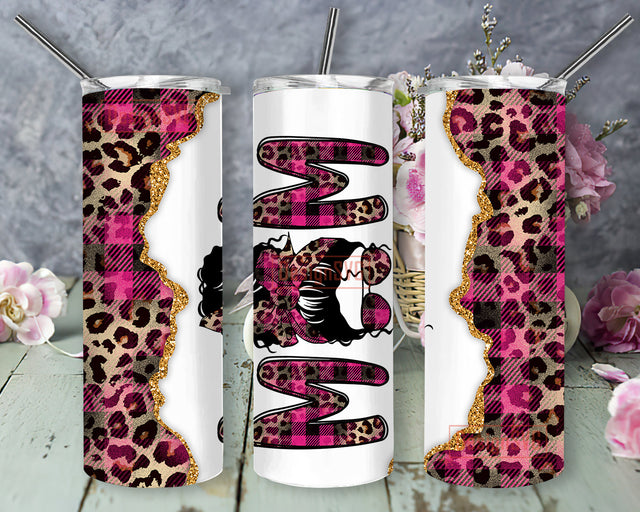 Messy Bun Mom Leopard 20oz Skinny Tumbler, Leopard Pink Buffalo Plaid Full Tumbler Wrap, Mother's Day Design Tumbler, Leopard Glitter Tumbler Png, Mom Sublimation Design for Straight, Digital Download Sublimation DesignSVG 