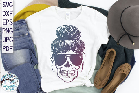 Messy Bun Mom Skull SVG SVG Wispy Willow Designs 