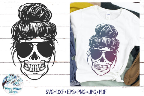 Messy Bun Mom Skull SVG SVG Wispy Willow Designs 