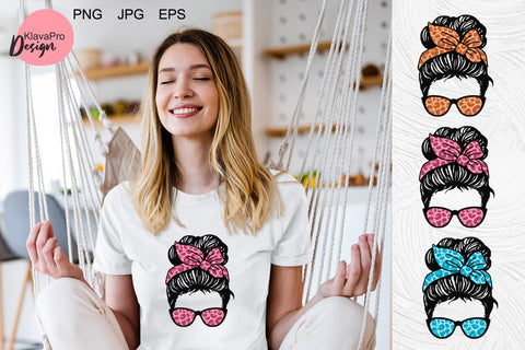 Messy Bun Sublimation. Leopard Messy Bun Mom Life Sublimation SVG Klava P 