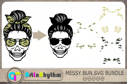 Messy Bun Svg Bundle, Army Svg, Skull With Sunglasses Svg, Camouflage Svg SVG Artinrhythm shop 
