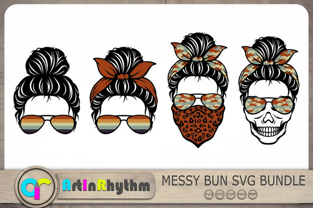 Messy Bun Svg Bundle, Retro Messy Bun With Bandana Svg, Skull With Sunglasses Svg SVG Artinrhythm shop 