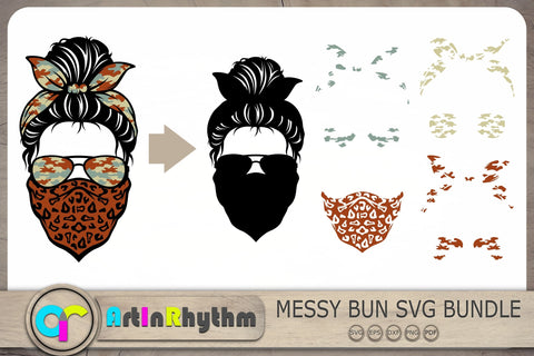 Messy Bun Svg Bundle, Retro Messy Bun With Bandana Svg, Skull With Sunglasses Svg SVG Artinrhythm shop 