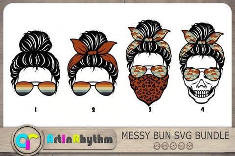 Messy Bun Svg Bundle, Retro Messy Bun With Bandana Svg, Skull With Sunglasses Svg SVG Artinrhythm shop 