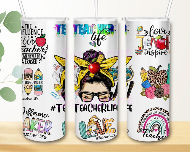 Messy Bun Teacher Life 20oz Skinny Tumbler Png, Teacher Appreciation, Chaos Coordinator, Teacher Life Png, Rainbow Leopard Tumbler Sublimation sassyprint 