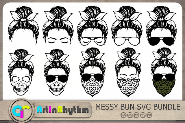 Messy Bun With Bandana Svg, Messy Bun Svg, Skull With Sunglasses Svg SVG Artinrhythm shop 