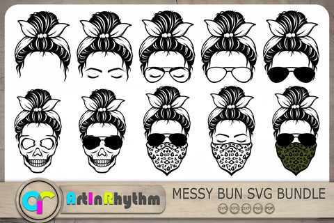Messy Bun With Bandana Svg, Messy Bun Svg, Skull With Sunglasses Svg SVG Artinrhythm shop 