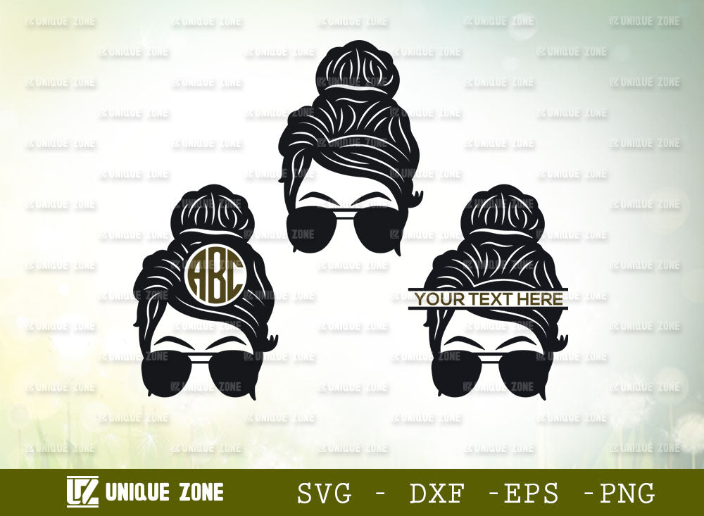 Messy Hair Bun Svg Monogram, Messy Bun Svg, Hair Bun With Sunglasses 