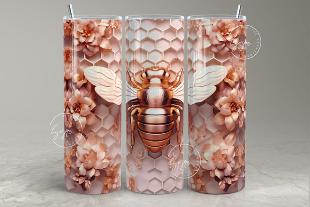 Metallic 3D Bee Tumbler, Honeycomb, Rose Gold Flower Tumbler, 20oz Skinny Tumbler Wrap Seamless Sublimation, Spring Floral, Digital Download Sublimation Syre Digital Creations 