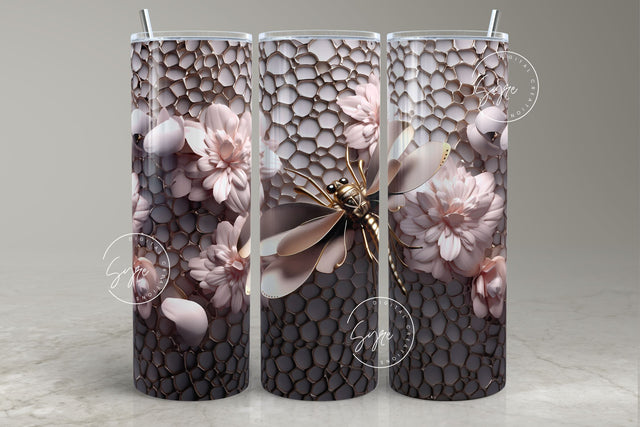 Metallic 3D Dragonfly Tumbler, 3D Flower, 20 oz Skinny Tumbler Wrap Seamless Sublimation, Spring Floral Tumbler, Digital Instant Download Sublimation Syre Digital Creations 