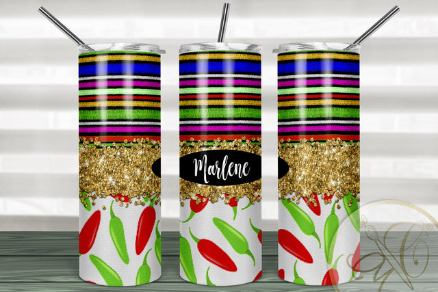 Mexican Serape and Confetti 20oz Skinny Tumbler Sublimation | Mexican Chiles Sublimation Marlene Campos 