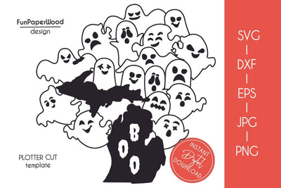 Michigan MI state map Cute Halloween Boo scary ghosts faces SVG DXF EPS PNG JPEG SVG FunPaperWood 