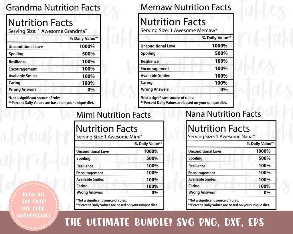 mimi nutrition facts svg, grandma nutrition facts svg, nana nutrition ...