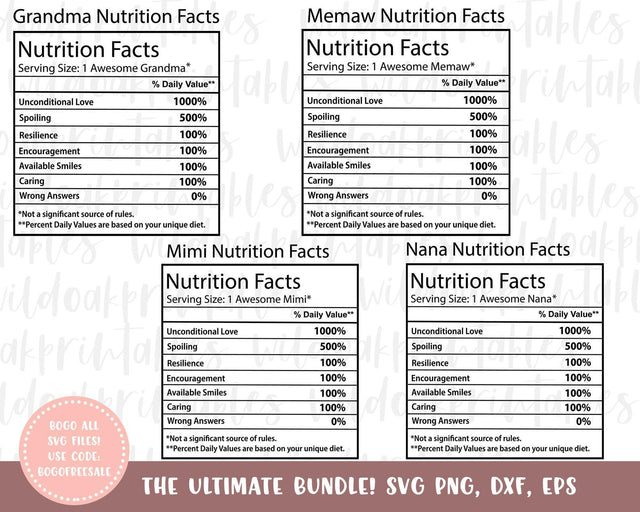 mimi nutrition facts svg, grandma nutrition facts svg, nana nutrition facts svg, memaw nutrition facts svg, grandma svg, nana svg, mimi svg SVG WildOakSVG 