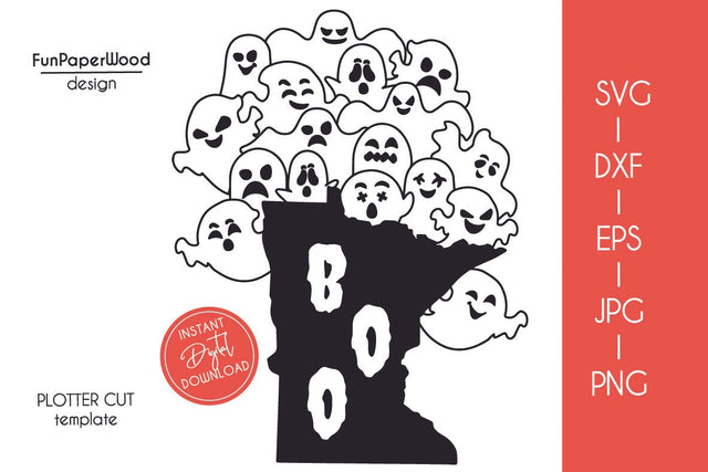 Minnesota MN state map Cute Halloween Boo scary ghosts faces SVG DXF EPS PNG JPEG SVG FunPaperWood 