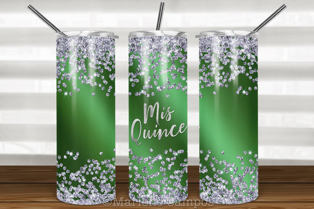 Mis Quince Skinny Tumbler | 15th Birthday | Silver Glitter | Green Sublimation Marlene Campos 