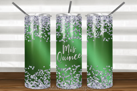 Mis Quince Skinny Tumbler | 15th Birthday | Silver Glitter | Green Sublimation Marlene Campos 