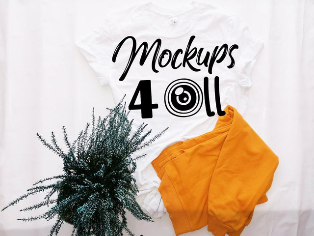 Mock Up White Bella Canvas T-shirt, Bella Canvas 3001, Fall colors, Flowers, Autumn, Flat Lay Mockup, Mock up Product, Digital Mockups Mock Up Photo ArtStudio 