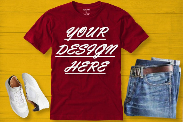 Mockup Men Red T-shirt, School, Autumn Mock up, Digital Mockups, Wood Background, JPEG image Mock Up Photo ArtStudio 