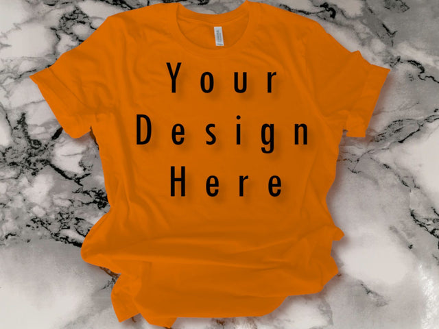 Mockup Orange T-shirt, Bella Canvas, Marble Mosaic Background Mock Up Photo ArtStudio 