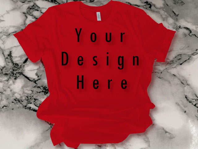 Mockup Red Tshirt, Unisex Shirt, Bella Canvas, Marble mosaic background Mock Up Photo ArtStudio 