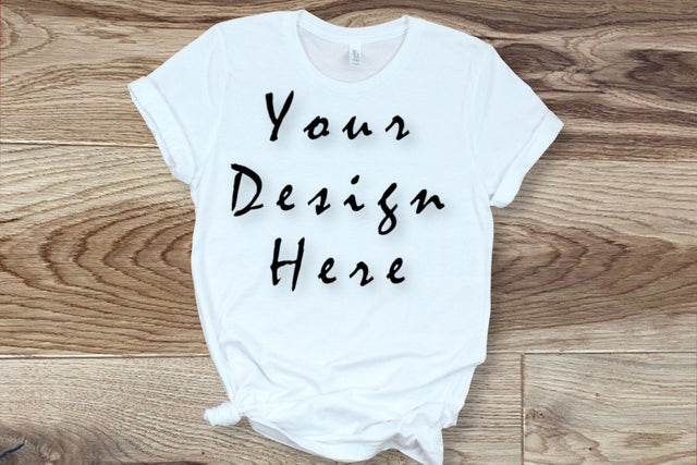 Mockup White T-shirt, Wooden Background, Flat Lay Image Mock Up Photo ArtStudio 