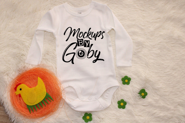 Mockups Baby White Bodysuits, Toddler Mockup, Spring, Easter Mockups, Spring, Farmhouse Wooden Background, Digital Mockups, Flat Lay Image Mock Up Photo ArtStudio 