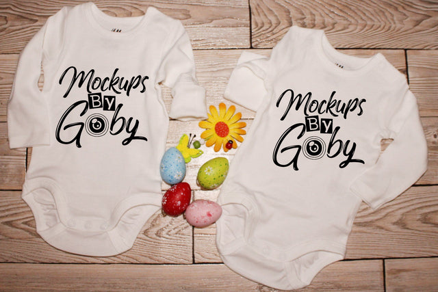 Mockups Baby White Bodysuits, Toddler Mockup, Twins, Easter Mockups, Spring, Farmhouse Wooden Background, Digital Mockups, Flat Lay Image Mock Up Photo ArtStudio 