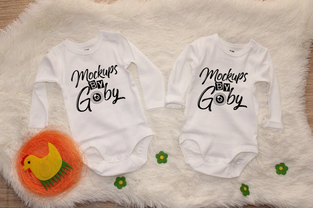 Mockups Baby White Bodysuits, Toddler Mockup, Twins, Easter Mockups, Spring, Farmhouse Wooden Background, Digital Mockups, Flat Lay Image Mock Up Photo ArtStudio 