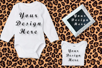 Mockups White Bodysuits, fold bodysuit, white frame, leopard print background Mock Up Photo ArtStudio 