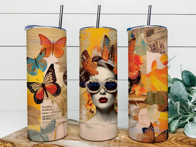 Modern Art 20oz Skinny Tumbler Png, Beautiful Girl Tumbler, Fragments Of Paper Png, Butterfly Paper Tumbler, Artistic Tumbler Wrap, Sublimation Tumbler Sublimation iStyleDesign 