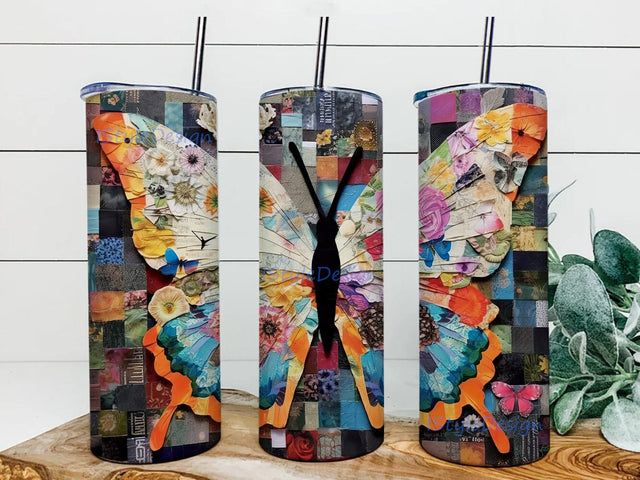 Modern Art 20oz Skinny Tumbler Png, Fragments Of Paper Png, Butterfly Paper Tumbler, Artistic Tumbler Wrap, Sublimation Tumbler Sublimation iStyleDesign 